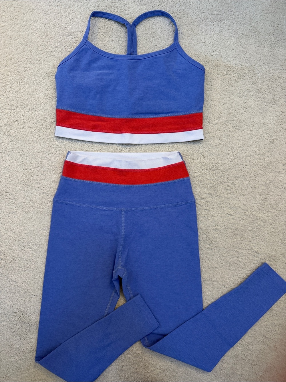 Beyond Yoga Blue Leggings & Crop Top Set with Coral and White Bands